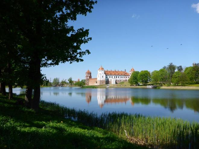 Reflection of Mir castle in Belarus