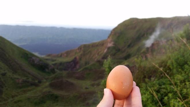 Egg cooked by volcano steam. Batur Volcano. Bali, Indonesia.